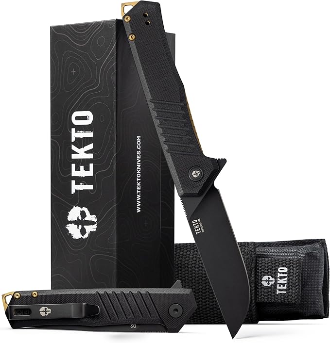 TEKTO F1 Alpha Folding Pocket Knife - Modified Straight Back Blade Titanium Coated D2 Steel Ideal for Outdoor Camping and Backpacking Tactical G10 Black Handle Bronze Titanium Accents