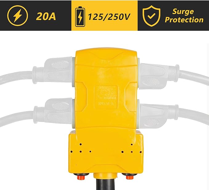 50 Amp to 20 Amp 110V RV Distribution Adapter NEMA 14-50P to 4 X 5-20R/15R RV Generator Adapter 4-Prong to Mutiple Household Outlet w/ 20amp Circuit Breaker 1.5FT