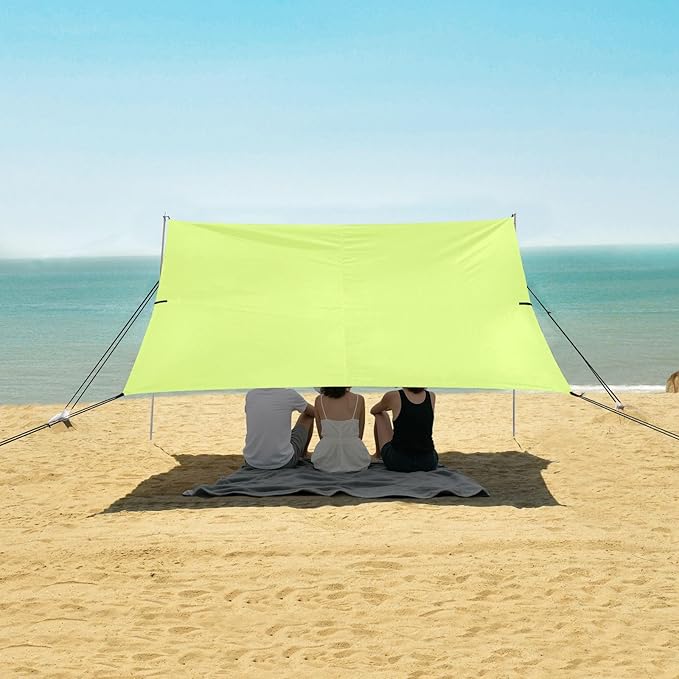 xigua Grass Green Beach Tent Sun Shelter with Carrying Bag - Silver Coated Oxford Fabric Beach Canopy for Beach Camping Fishing - Includes Windproof Ropes Sandbags &amp Stakes