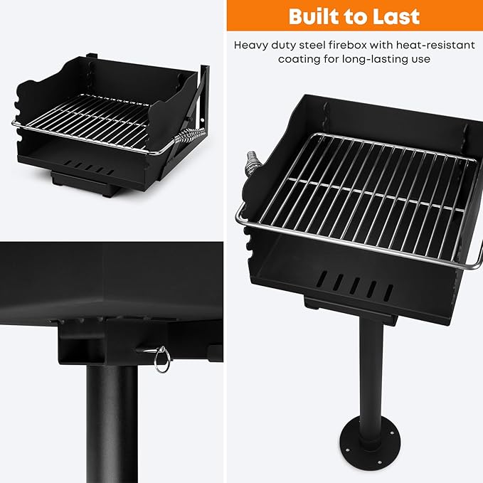 Stanbroil Charcoal Barbecue Grill for Outdoor Heavy Duty Steel Park BBQ Grill with Stainless Steel Cooking Grate and Above/In Ground Post for Camping and Backyard