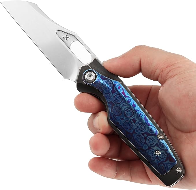 KANSEPT Tuckamore Camping Pocket Knives for Men 8.12in Folding Pocket Knives with 3.54in Stonewashed CPM 20CV Material and Blackwash Titanium Timascus Handle for Outdoor Tactical Survival K1052A6
