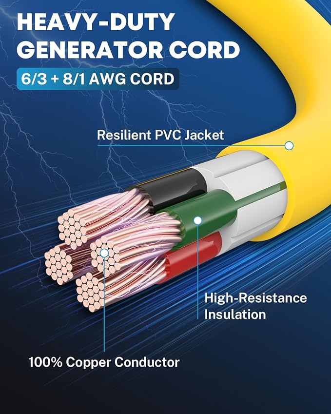 UL Listed 25 Feet 50 Amp Generator Extension Cord NEMA 14-50P Male to SS2-50R 6/3+8/1 AWG 125/250V Heavy Duty Generator Power Cable with Twist Lock Connectors for Generator to House