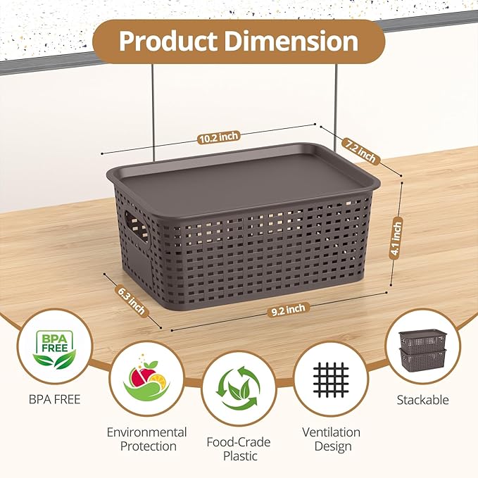 Plastic Storage Basket with Lid Stackable Small Box Bins for Organizing and Containers for Shelves Drawers Desktop Closet Playroom Pantry Classroom Office Home 8 Pack 10.2x7.2x4.1 Inch Brown