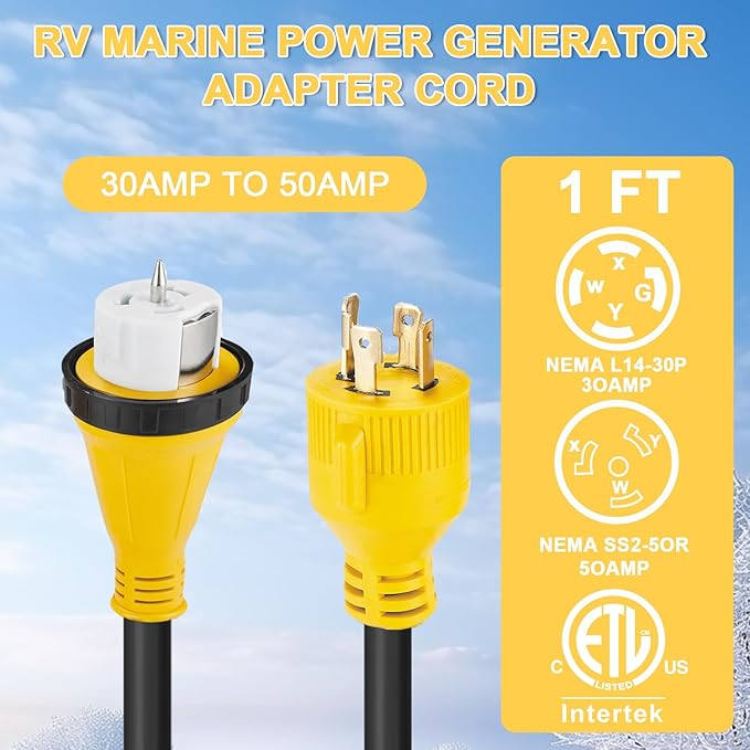 1ft NEMA L14-30P to SS2-50R RV Marine Power Generator Adapter Cord 30Amp Twist Lock Generator L14-30P Male to 50Amp Marine Shore Power SS2-50R Female with Locking Ring ETL Listed