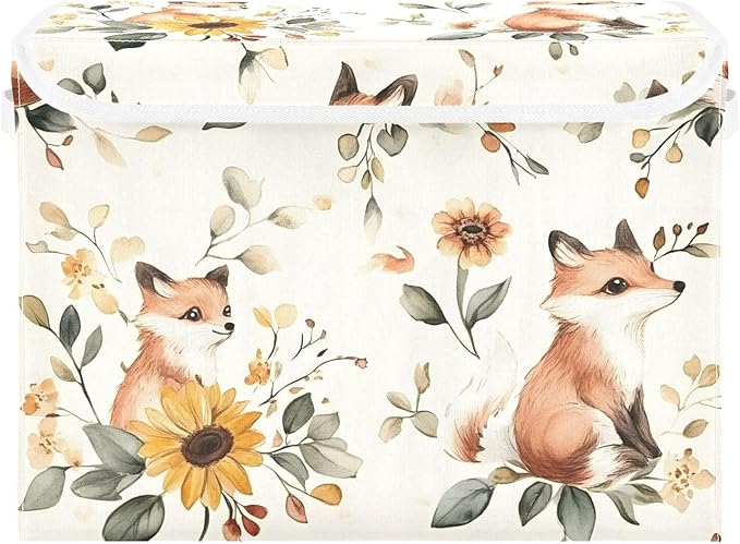 Floral Fox Storage Cube Bins Basket with Lid Collapsible Flip-top Fabric with Handle for Home Bedroom Closet Office 16.5×12.6×11.8 in