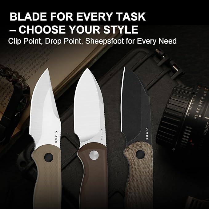 Kizer Drop Bear Fixed Blade Knife 2.57 14C28N Satin Blade EDC Camping Knife with Norplex UltreX™ Brown Micarta Handle &amp Built-in Tools Small Hunting Survival Knives with Kydex Sheath 1094A2