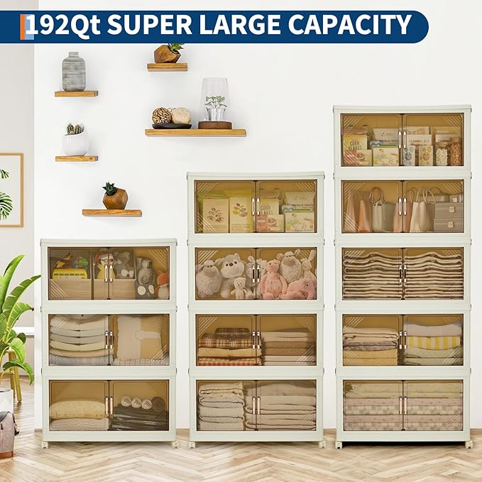 Garvee 192QT Stackable Storage Bins Plastic Bins for Storage with Lids Plastic Storages Drawers with Magnetic Doors &amp Wheels Foldable Collapsible Closet Organizers for Home Dorm Office White