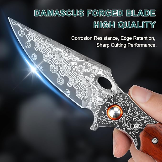 Zingbee Damascus Pocket Knife 3.27” Damascus Blade EDC Folding Knives with Guibourtia Wooden Handle Christmas Ideal for Utility Gift
