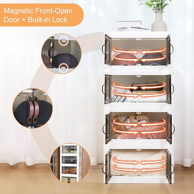 MOONEDGE 35QT Plastic Stackable Storage Bins with Lids Collapsible Organizer with Magnetic Doors &amp Hidden Locking Handles Storage Cabinet for Pet Closet Living Room Pantry &amp Office Organi