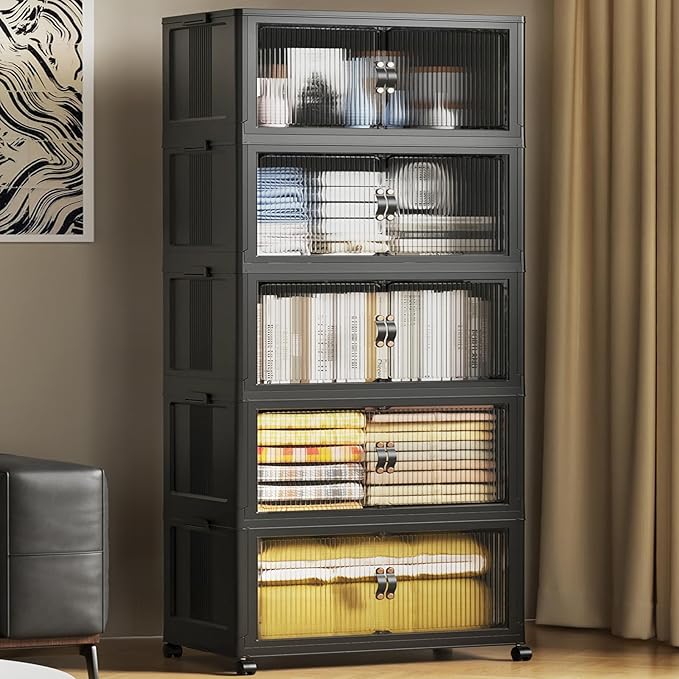 SAILUN 635Qt Extra Large Stackable Storage Bins Folding Collapsible Storage Bins with Lid Closet Organizers and Storage Box with Door Black 28 W x 17 D x 75 H