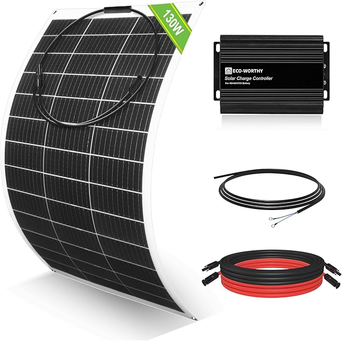 ECO-WORTHY 130W Flexible Solar Panel Kit for Golf Cart520wh/day Generation Charge While Driving Extend Battery LifeGo Further：1pc 130W Solar Panel+48V/60V/72V MPPT Boost Charge Controller