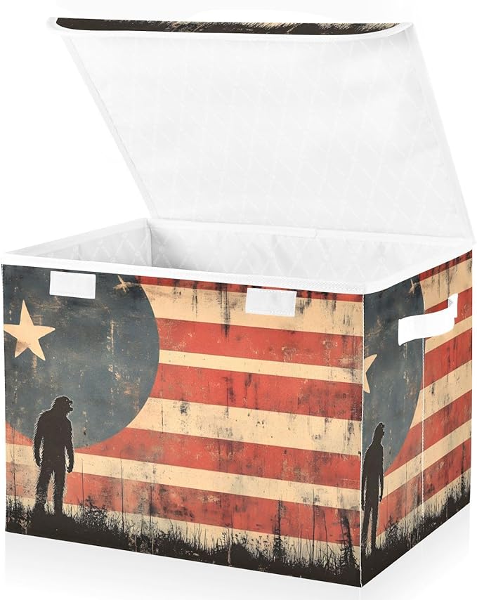 AIXIWAWA Lidded Storage Cube (American Sasquatch Flag) Fabric Foldable Closet Bins with Flip Lid and Handles Organizer Basket Container 16.5 x 12.6 x 11.8 IN