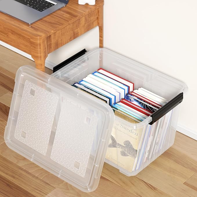 4-Pack 50 Quart Plastic Storage Bin Box Organizing Container with Lid and Secure Latching Buckles Stackable Wheeled Box Clear