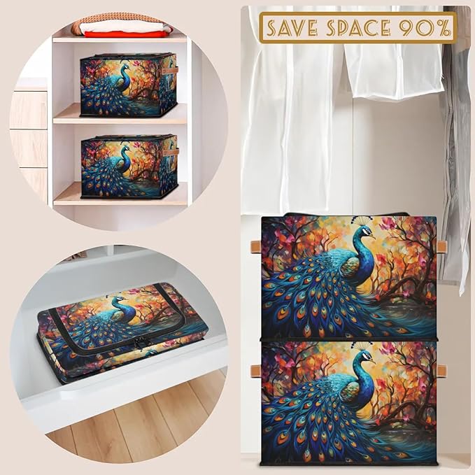 Clothes Storage Bins with Metal Frame Animal Peacock Storage Boxes with Zipper Lids Collapsible Cube Clothing Storage Bag with Leather Handle Closet Clothes Organizer Container
