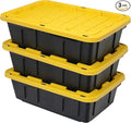 CX BLACK &amp YELLOW 15-Gallon Heavy Duty Tough Storage Container &amp Snap-Tight Lid (9.5H x 20.6W x 30.6D) Weather-Resistant Design and Stackable Organization Tote [3 Pack]