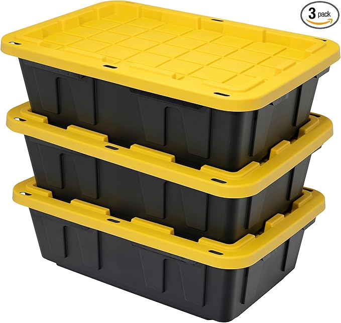 CX BLACK &amp YELLOW 15-Gallon Heavy Duty Tough Storage Container &amp Snap-Tight Lid (9.5H x 20.6W x 30.6D) Weather-Resistant Design and Stackable Organization Tote [3 Pack]