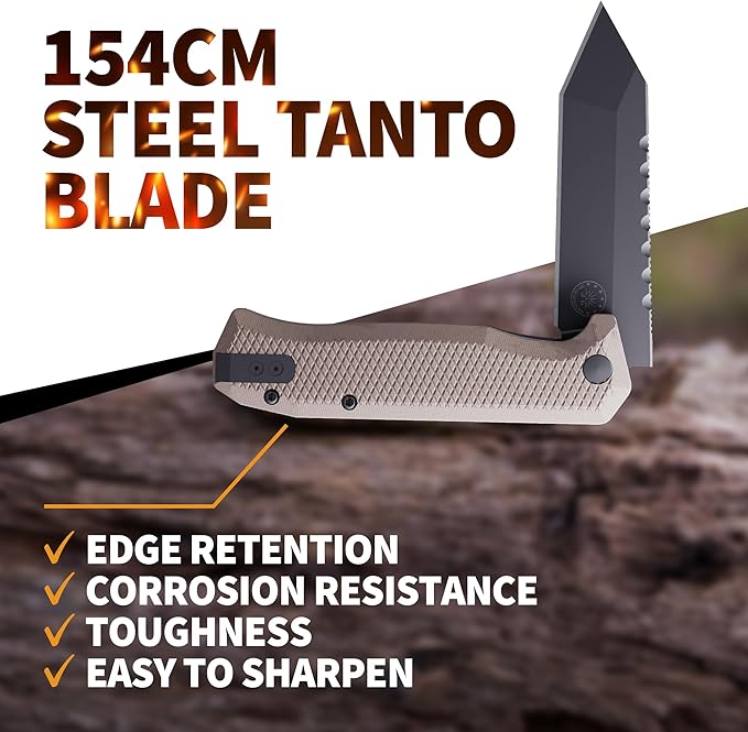Off-Grid Knives - Viper V2 with154CM Steel Tanto Blade Grippy G10 Scales Left or Right Deep Carry Clip Ceramic Ball Bearings (Coyote)