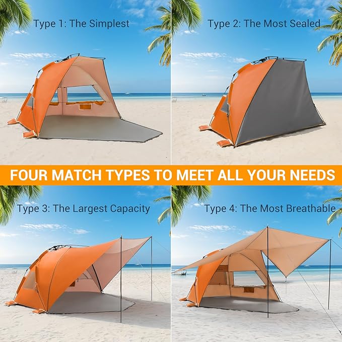 Elegear CumbreX™ Beach Tent with 360° Removable Canopy 4-6 Person Pop Up Sun Shade Shelter UPF 50+ Automated Installation Double Silver Coating Portable Lightweight Beach Cabana for Outdoor Orange