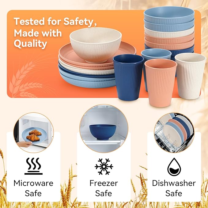 Wheat Straw Dinnerware Sets64-Piece Plates and Bowls Sets for 8-UnbreakableReusable Plastic Dish Set-Dinner Plate/Dessert Plate/Cereal Bowl/Cup/Utensils-Microwavable Dishwasher Safe 64P-Deep Gray