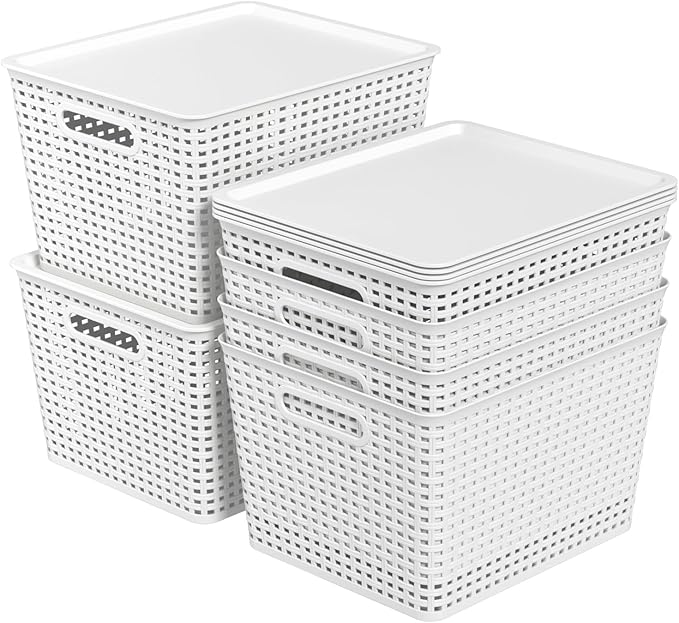 Teyyvn 6 Pack Large Plastic Storage Basket with Lid 20 Quart Lidded Storage Basket Bin for Closet Shelves White