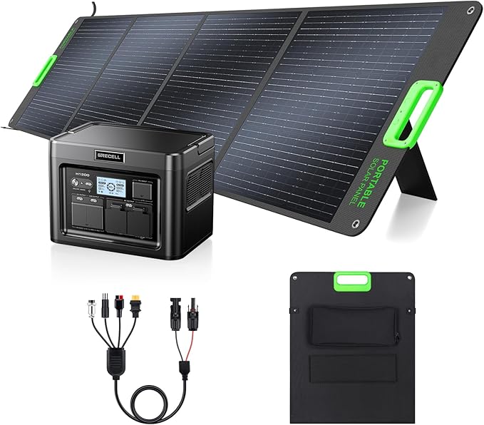 GRECELL 1200W Portable Power Statio with 200W Portable Solar Panel 23.5% High Efficiency Solar Panel 672Wh LiFePO4 Battery Solar Generator with 9 Output Ports for Outdoor Camping RV Travel