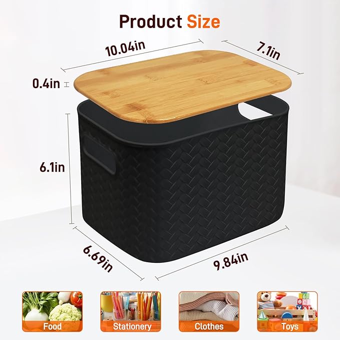 Soddeph 4 Packs Plastic Storage Bins with Bamboo LidsStackable Storage Containers with Lids Storage Baskets for Organizing Desktop Classroom Office (Black)