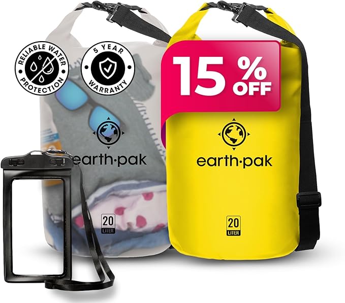Earth Pak Waterproof Dry Bag - Roll Top Waterproof Backpack Sack (20L Clear &amp 20L Yellow)