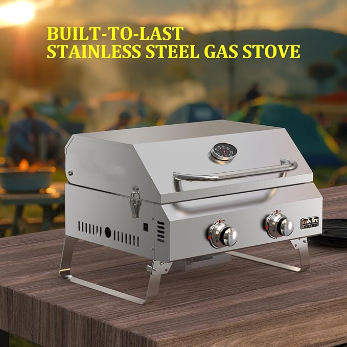 ONLYFIRE GRILLS Tabletop Gas Grill 2 Burners 20 Portable Propane Grill with Foldable Legs for Outdoor Patio Backyard Camping Tailgating RV Trip Beach Stainless Steel Gas Stove 16000BTU GS322