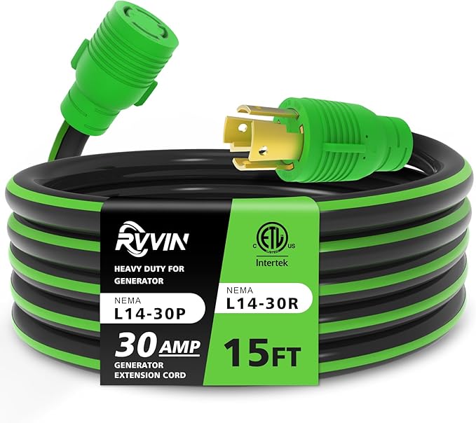 4 Prong 30 Amp Extension Generator Cord 15FT NEMA L14-30P/L14-30R Standard Plug 125/250 Volt Up to 7500 Watts Twist Lock Power Cord for Manual Transfer Switch (Black&ampGreen)