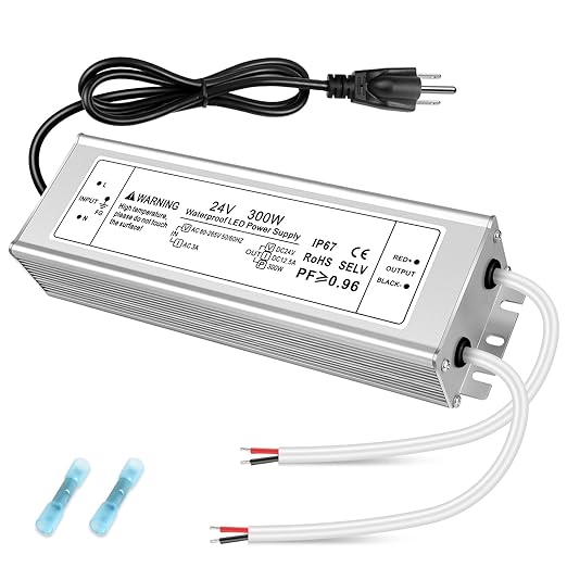 24V 300W LED Power Supply IP67 Waterproof LED Driver AC 110V to DC 24 Volt 12.5A Low Voltage Transformer Converter for Outdoor LED Strip &amp Landscape Lighting 3-Prong Plug with 3.3FT Cable