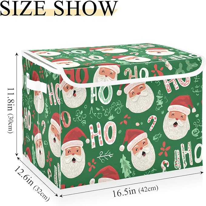 Christmas Santa Claus Green Storage Box with Lid 1 PC Foldable Storage Bin with Lids Stackable Storage Bins Cube Closet Organizer Basket with Flip-Top Lid &amp Handles for Shoes Books Towels