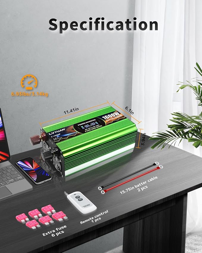 1600 Watt Pure Sine Wave Inverter DC 12V to 120V AC Power Inverter for Vehicle RV Truck Off-Grid Car Power Inverter with 4 AC Outlet 5V/3.1A USB Remote Control Surge 3000W