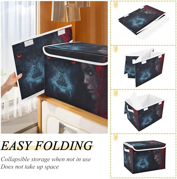 Storage Cube with Lid Wolf and Red Print 16.5×12.6×11.8 IN Collapsible Large Capacity Foldable Storage Basket Bin Organizer