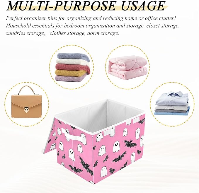 Storage Cube with Lid Halloween Bats Print 16.5×12.6×11.8 IN Collapsible Large Capacity Foldable Storage Basket Bin Organizer