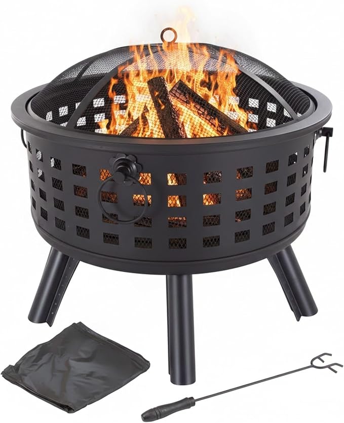 Outdoor Fire Pit - 26-Inch Round Lattice Wood Burning Firepit with Screen Poker Grate and Cover - Wood Fire Pits &amp Outdoor Fireplaces by Pure Garden