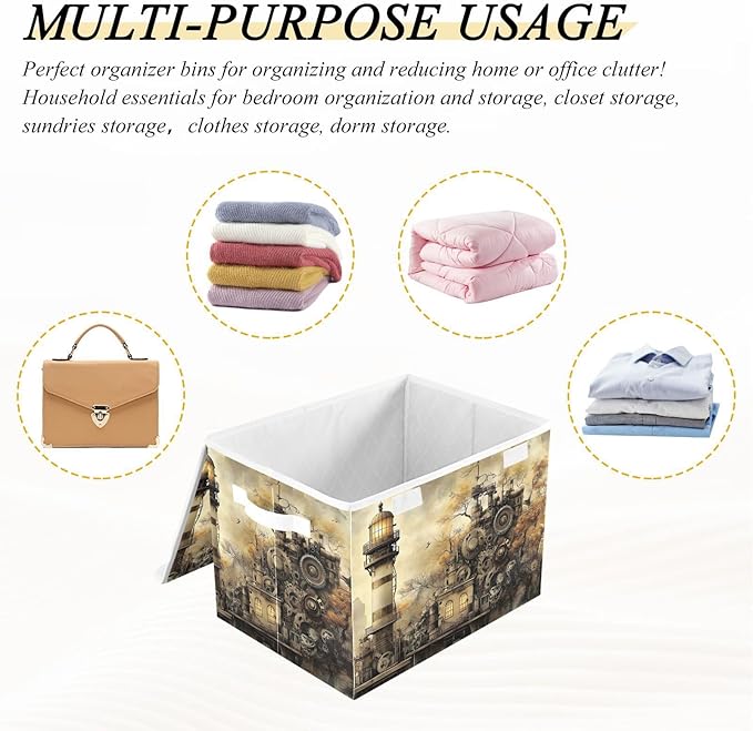 Steampunk Lighthouse Large Storage Bins with Linen Foldable Storage Box Fabric Closet Organizer Containers Cubes with Flip-Top Lid for Home Office 16.5” x 12.6” x 11.8”