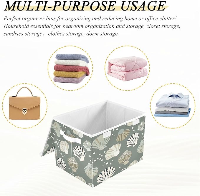 Storage Bins With Lid Stackable Fabric Closet Organizer Clothing Storage Large Boxes For Closet Shelves Bedroom Gray Seashell Pattern