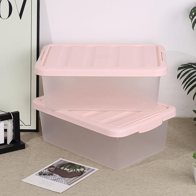 Wekioger Set of 2 Versatile Organizer Bins with Pink Lids 14 Quart Plastic Latching Storage Box