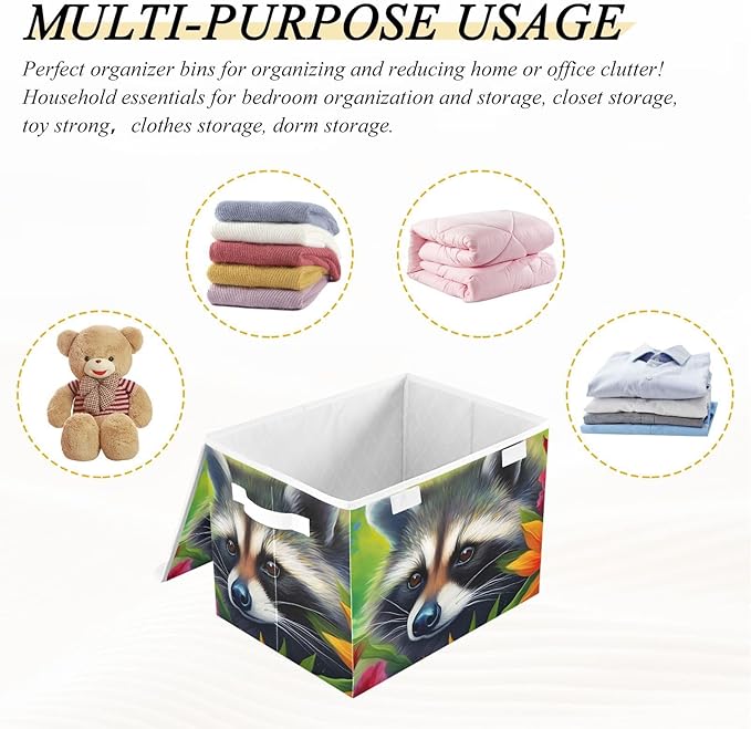Flower Raccoon Storage Cube with Lid Collapsible Flip-top locker Fabric Storage Bins Basket with Handle for Home Bedroom Closet Office 16.5×12.6×11.8 in