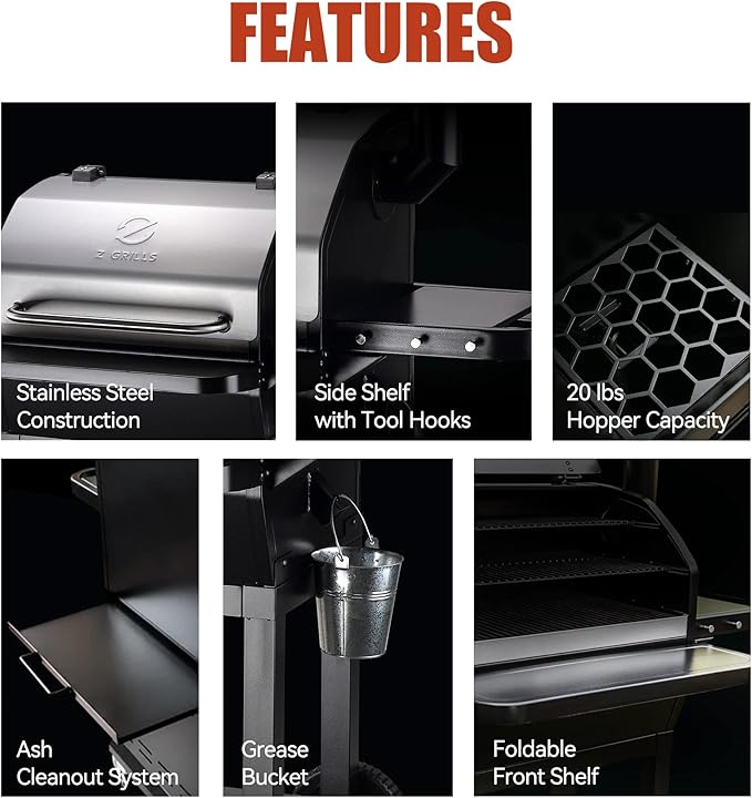 Z GRILLS Wood Pellet Grill 8 in 1 BBQ Smoker with Foldable Front Shelf Ash Cleanout System Rain Cover 1056 sq.in Cooking Area for Outdoor BBQ 10002E
