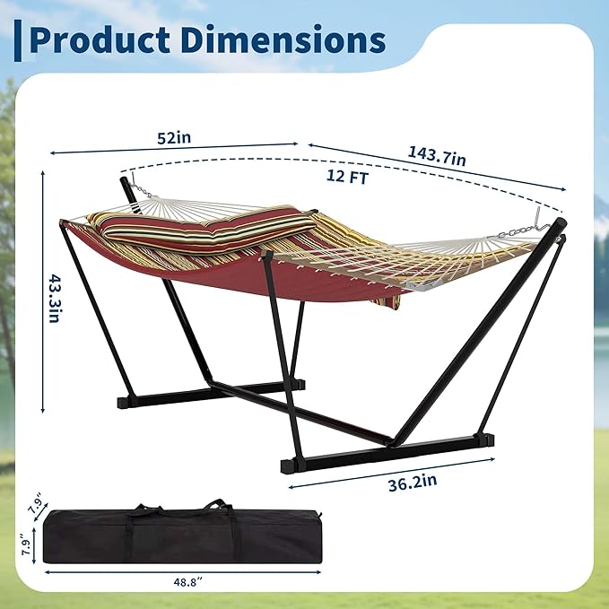 2 Person Outdoor Hammock with Stand 450LBS Capacity Heavy Duty Hammock with Carrying Bag &amp Soft Pillow Portable Indoor Outdoor Hammock Perfect for Backyard Patio Beach