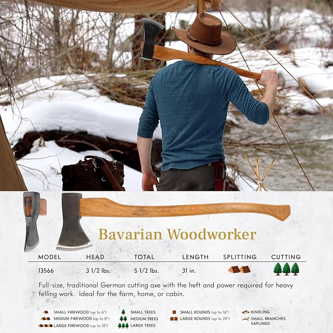 1844 Helko Werk Germany Traditional Bavarian Woodworker - Made in Germany Heavy Duty Felling and Cutting Axe Large German Forest Axe - Head 3.5 lbs Handle 31 in. (Bavarian) #13566