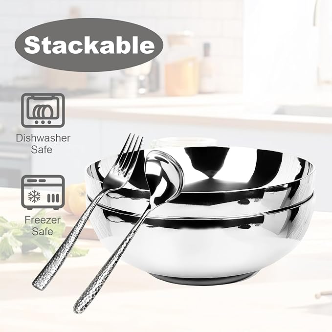 2 Pack 304 Stainless Steel Pasta Bowls 47oz Double Walled Insulated Soup Salad Bowls Unbreakable 8.7 Large Cereal/Ramen/Udon/Noodle/Pho Bowl Plates with 2 Spoons &amp Forks Dishwasher Safe