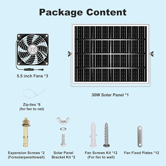 5.5 Solar Chicken Coop Fan 3 Kit 30W Solar Powered Greenhouse Fan Solar Exhaust &amp Intake Fans Outdoor Waterproof 16.7 ft Cord for Outside Shed Doghouse Ventilation Air Circulation Cooling