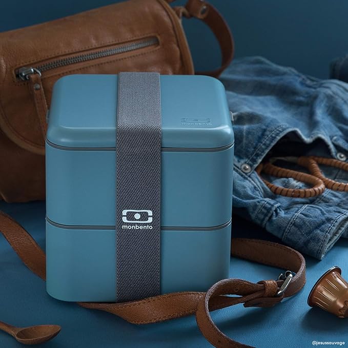 monbento - Large Bento Lunch Box MB Square Denim with 2 Compartments - 57 oz - Leakproof Lunch Box for Work/Picnic/Meal Prep - BPA Free - Microwave &amp Dishwasher Safe - Blue
