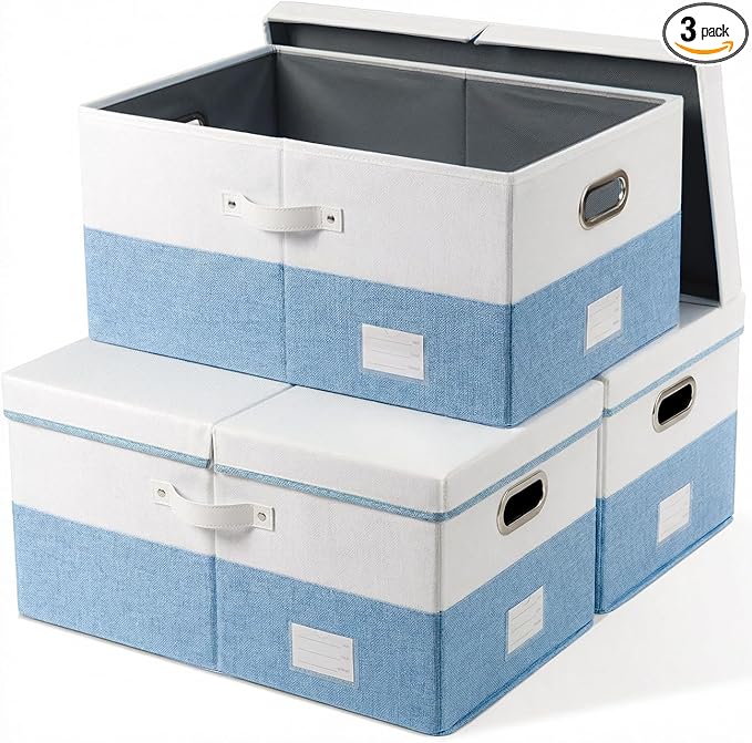 PRANDOM Storage Bins with Lids [3-Pack] Linen Fabric Foldable Storage Boxes Organizer Containers Baskets Cube with Cover for Bedroom Closet Office White&ampBlue (23.4X15.9X11.4)