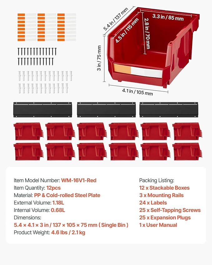 Wall Mounted Tool Organizer 12 Bins &amp 3 Rails - Hardware Storage for Garage Workshop Craft Room - Red Stackable Parts Bins