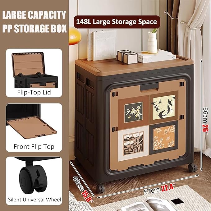 Folding Clothes Storage Box With Lid And Wheels Closet Storage Bin Large For Home Office Living Room Bedroom 148L Plastic Organizer Storage