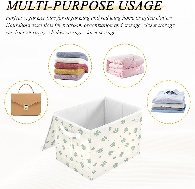 Christmas Storage Baskets with Lids Shamrocks Collapsible Bins Stackable Fabric Linen Baskets Closet Organizer Container 16.5x12.6x11.8
