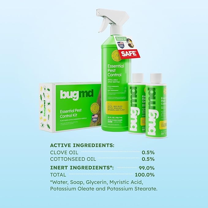 BugMD Bed Bug Spray Roach &amp Ant Killer Indoor Cockroach Treatment Pet Safe Plant-Based Pest Control for Home Kills Spiders Fleas Mites 64 oz Kit